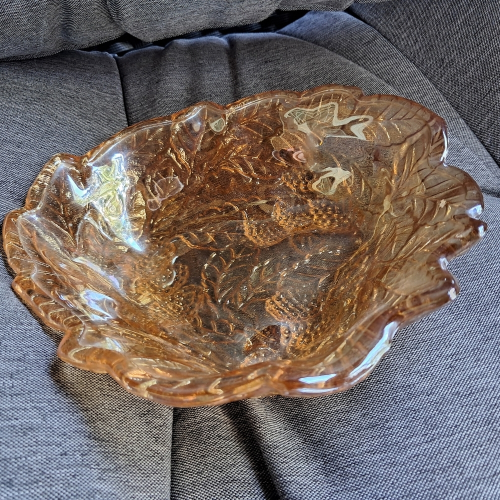 Vintage Amber Carnival Glass Dish Loganberry Leaf Pattern Triangle Bowl